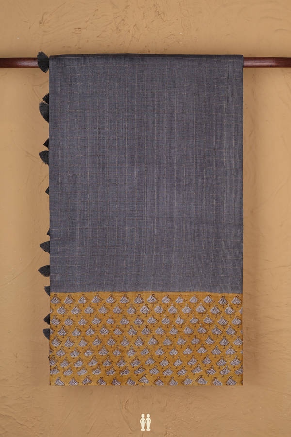 Tussar Silk Saree In Grey With Checks Design