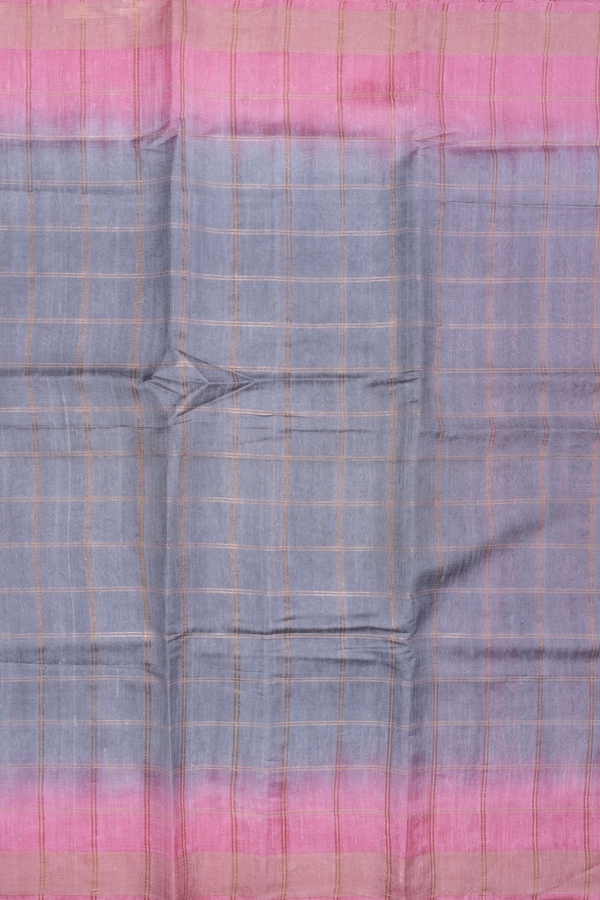 Tussar Silk Saree In Grey With Checks Design