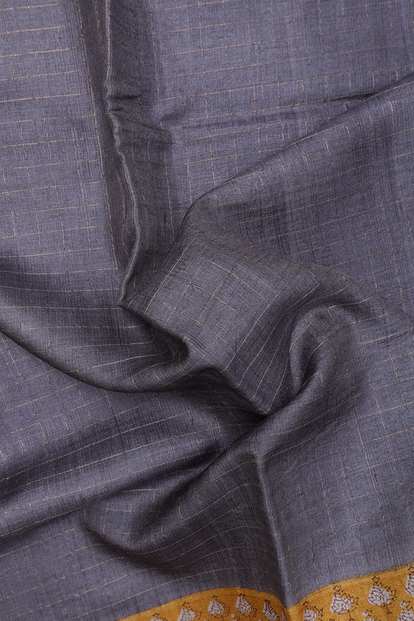 Tussar Silk Saree In Grey With Checks Design
