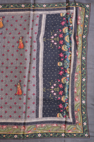 Tussar Silk Saree In Grey With Floral And Human Figure Design