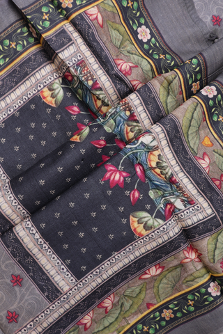 Tussar Silk Saree In Grey With Floral And Human Figure Design