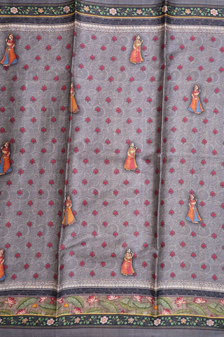 Tussar Silk Saree In Grey With Floral And Human Figure Design