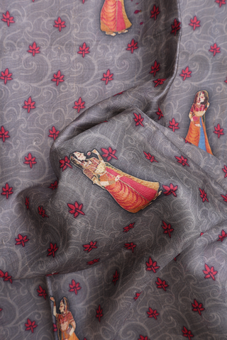 Tussar Silk Saree In Grey With Floral And Human Figure Design