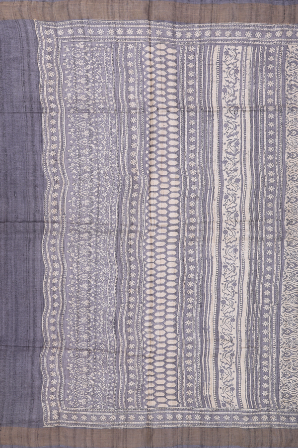 Tussar Silk Saree In Grey With Floral Buttas