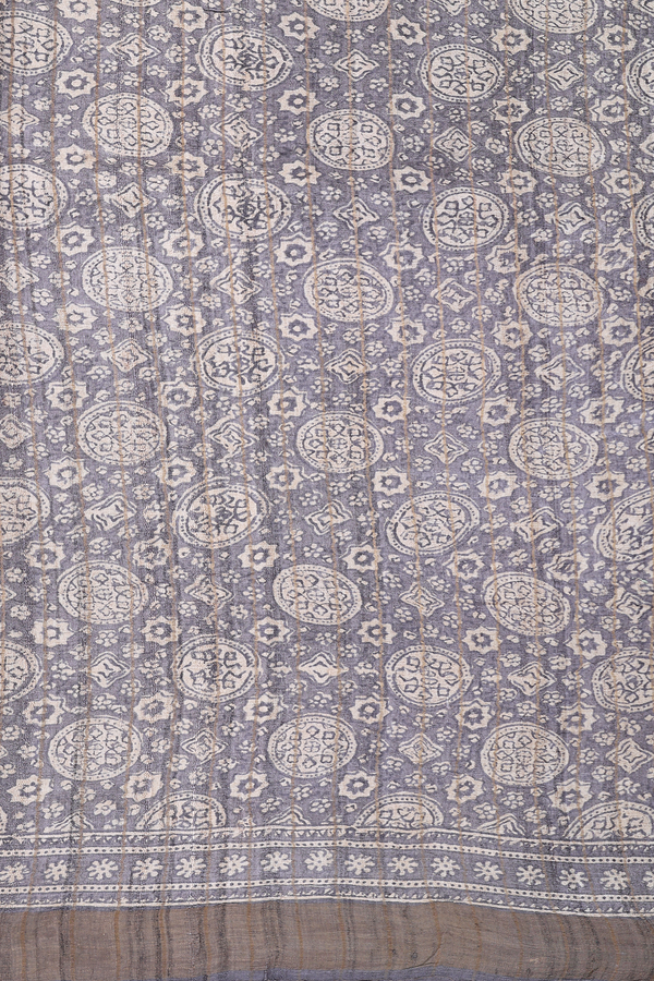 Tussar Silk Saree In Grey With Floral Buttas