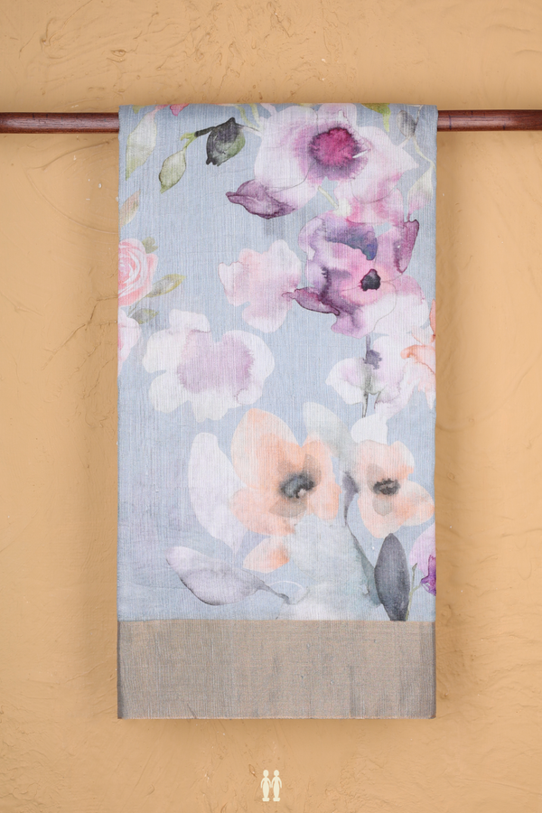 Tussar Silk Saree In Dusty Blue With Floral Design