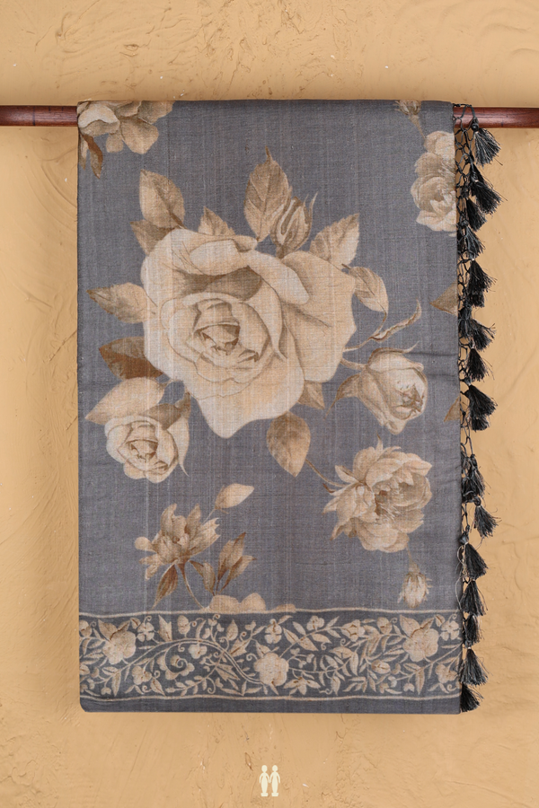 Tussar Silk Saree In Grey With Floral Design
