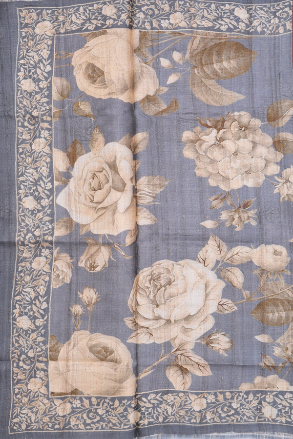 Tussar Silk Saree In Grey With Floral Design