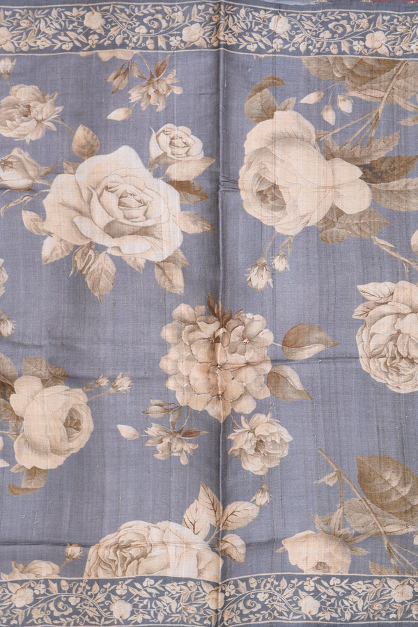 Tussar Silk Saree In Grey With Floral Design