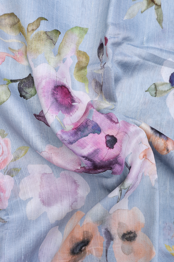 Tussar Silk Saree In Dusty Blue With Floral Design