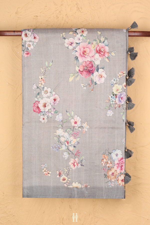 Tussar Silk Saree In Grey With Floral Printed Design
