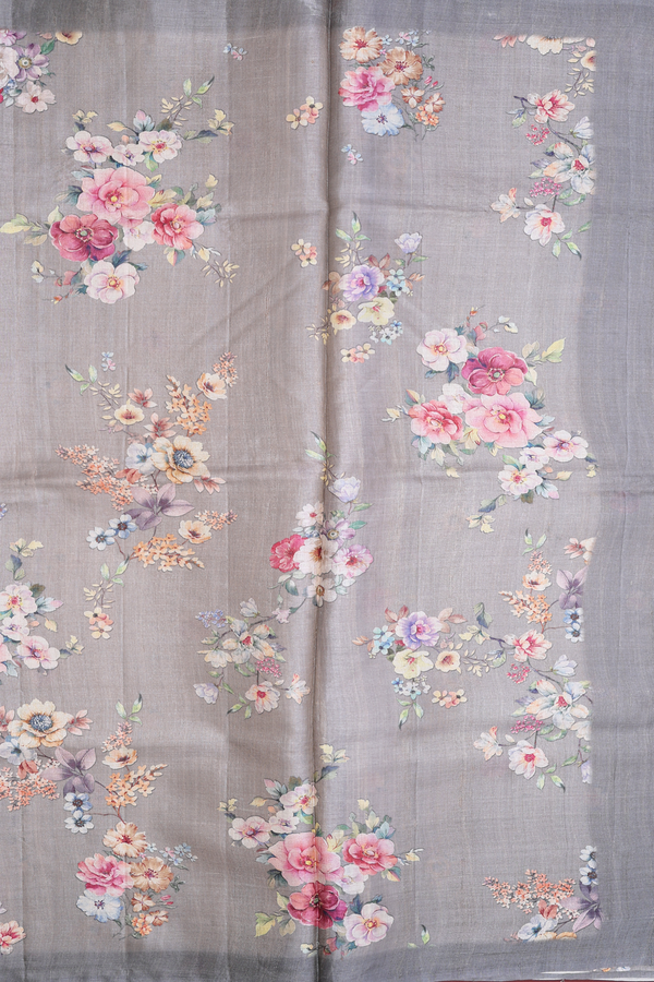 Tussar Silk Saree In Grey With Floral Printed Design