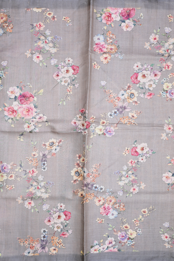 Tussar Silk Saree In Grey With Floral Printed Design