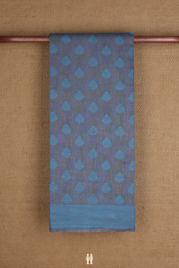 Tussar Silk Saree In Grey With Floral Threadwork Buttas