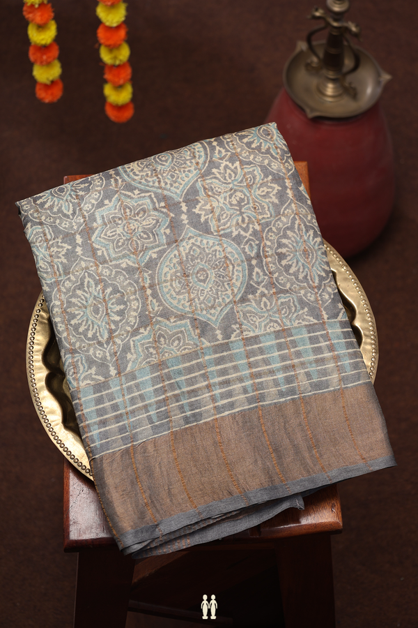 Tussar Silk Saree In Grey With Printed Design