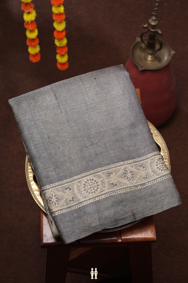 Tussar Silk Saree In Grey With Printed Design