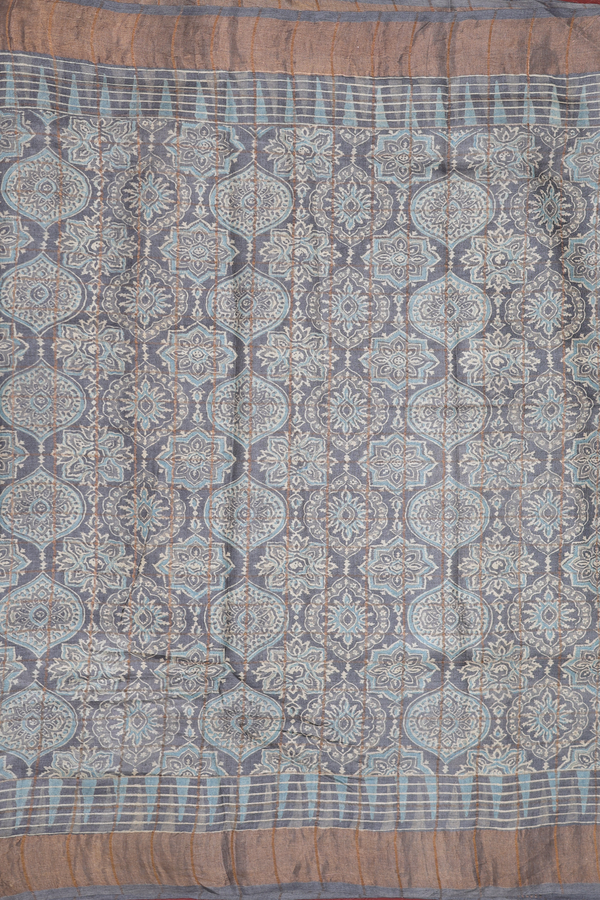 Tussar Silk Saree In Grey With Printed Design