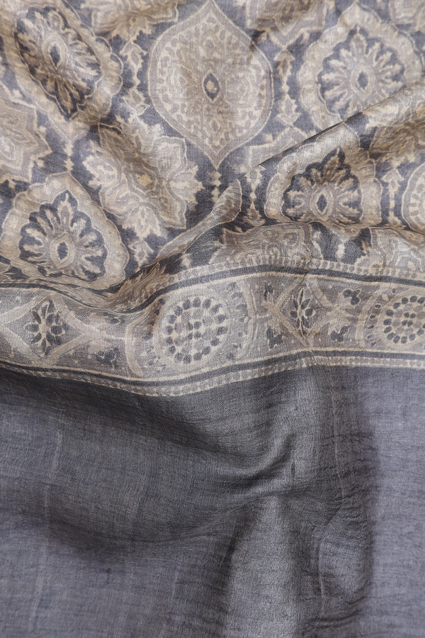 Tussar Silk Saree In Grey With Printed Design