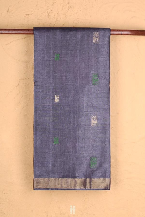 Tussar Silk Saree In Greyish Blue With Zari Buttas