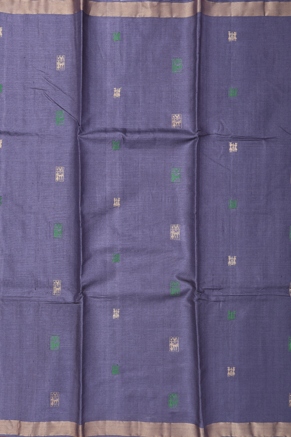 Tussar Silk Saree In Greyish Blue With Zari Buttas