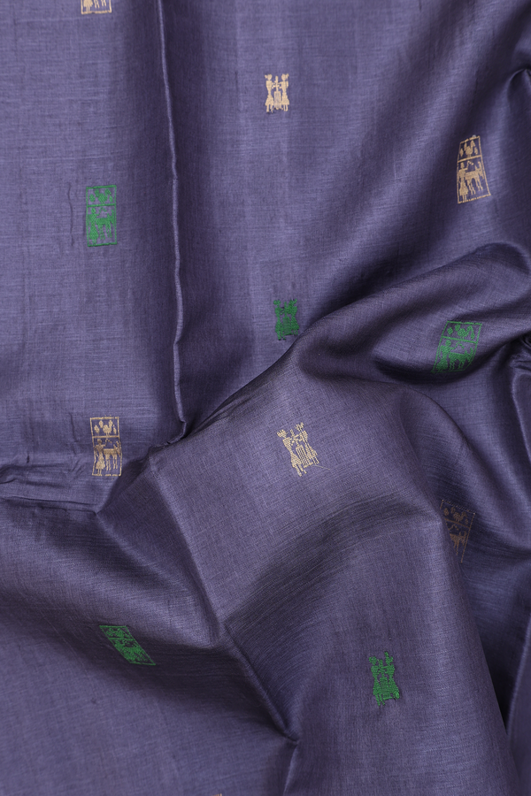 Tussar Silk Saree In Greyish Blue With Zari Buttas
