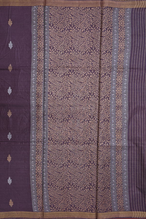 Tussar Silk Saree In Greyish Purple With Zari Buttas