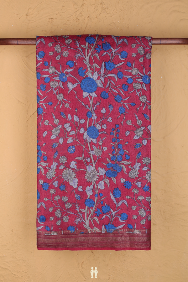 Tussar Silk Saree In Hibiscus Red With Floral Design