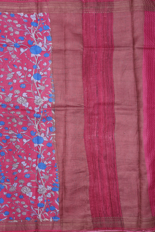 Tussar Silk Saree In Hibiscus Red With Floral Design
