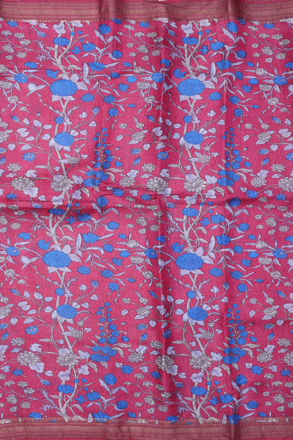 Tussar Silk Saree In Hibiscus Red With Floral Design