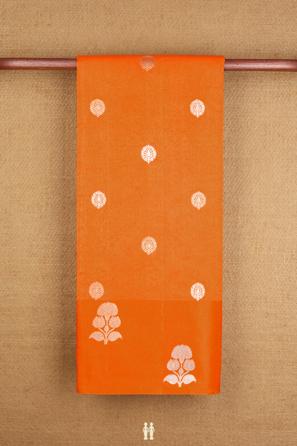 Tussar Silk Saree In Honey Orange With Floral Zari Buttas
