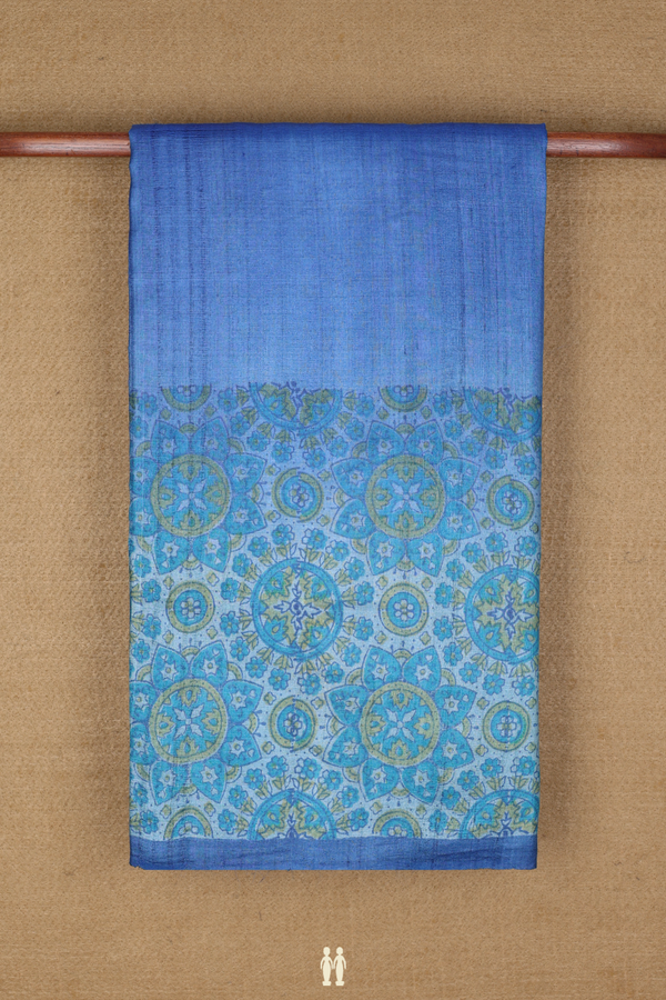 Tussar Silk Saree In Cobalt Blue With Printed Border
