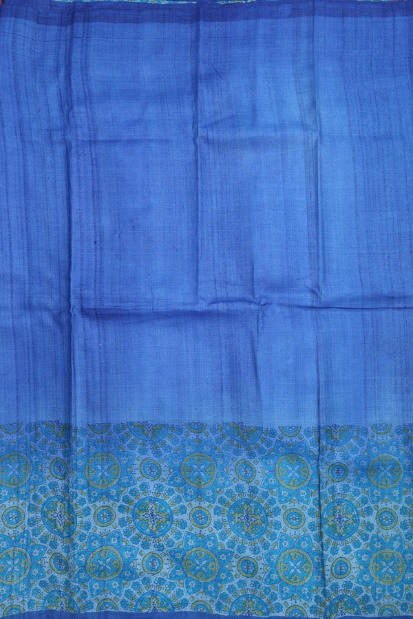 Tussar Silk Saree In Cobalt Blue With Printed Border
