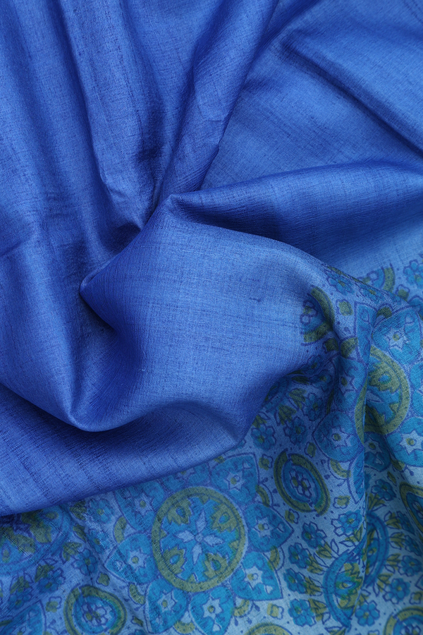 Tussar Silk Saree In Cobalt Blue With Printed Border