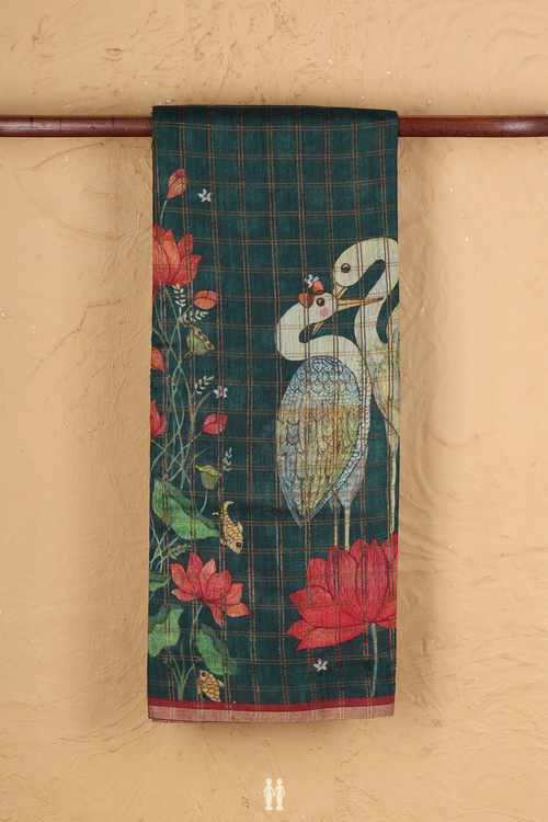 Tussar Silk Saree In In Dark Green With Checks Design