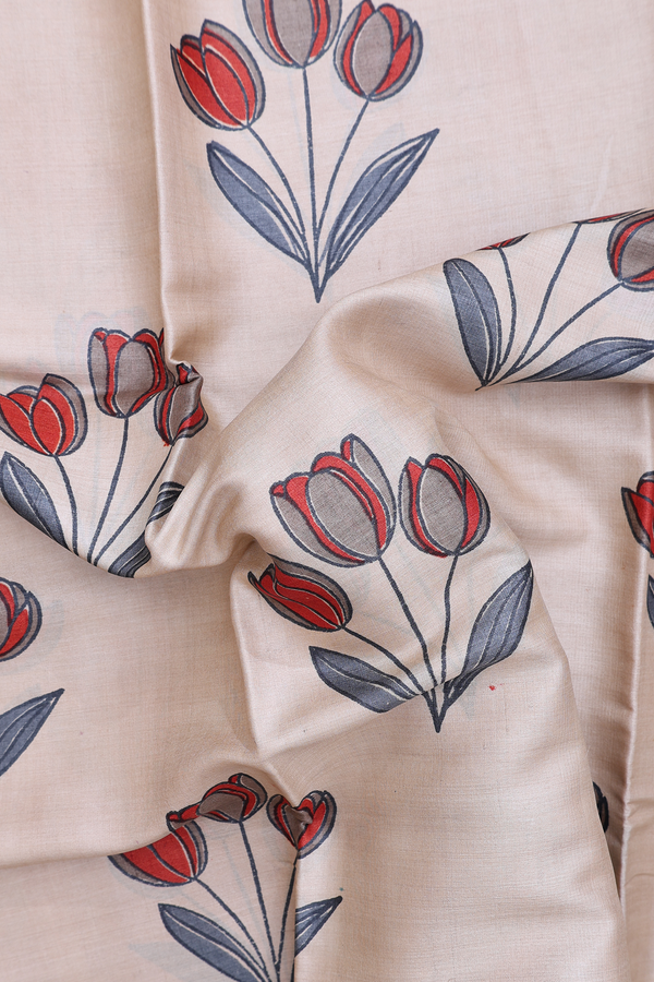Tussar Silk Saree In Ivory With Floral Design