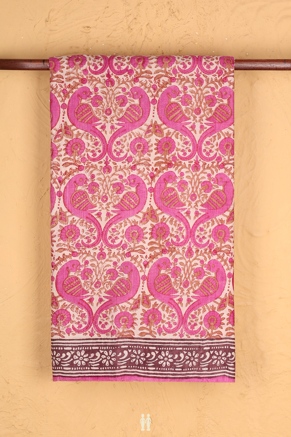 Tussar Silk Saree In Ivory With Peacock Printed Design