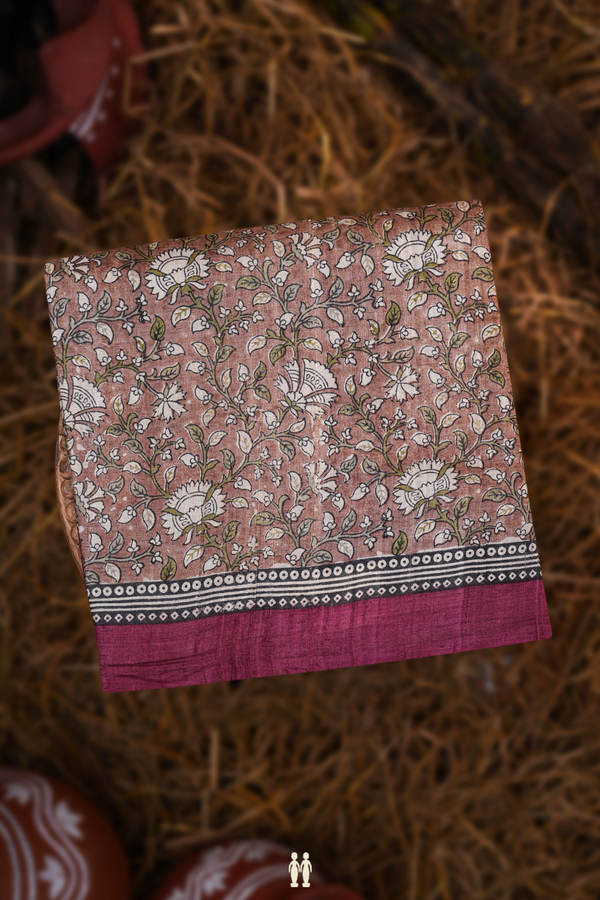 Tussar Silk Saree In Light Brown With Allover Floral Design