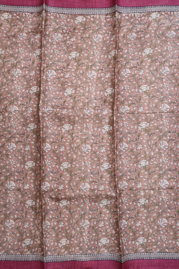 Tussar Silk Saree In Light Brown With Allover Floral Design