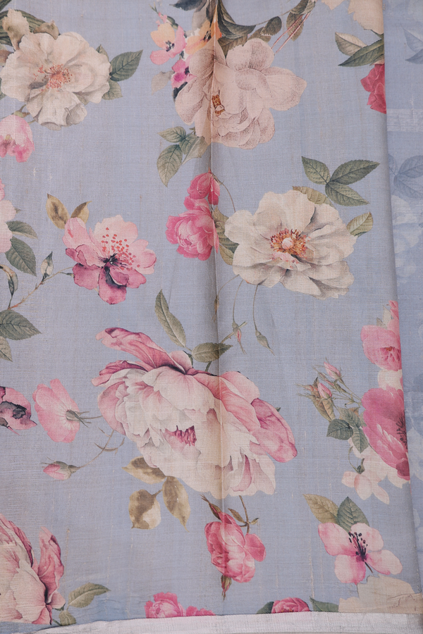 Tussar Silk Saree In Light Grey With Floral Printed Design