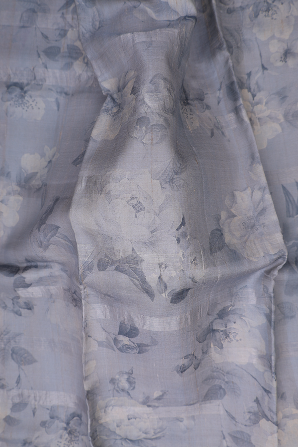 Tussar Silk Saree In Light Grey With Floral Printed Design