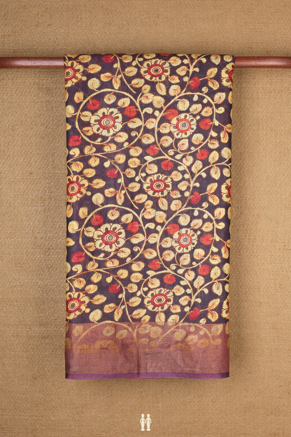 Tussar Silk Saree In Midnight Blue With Floral Print Design