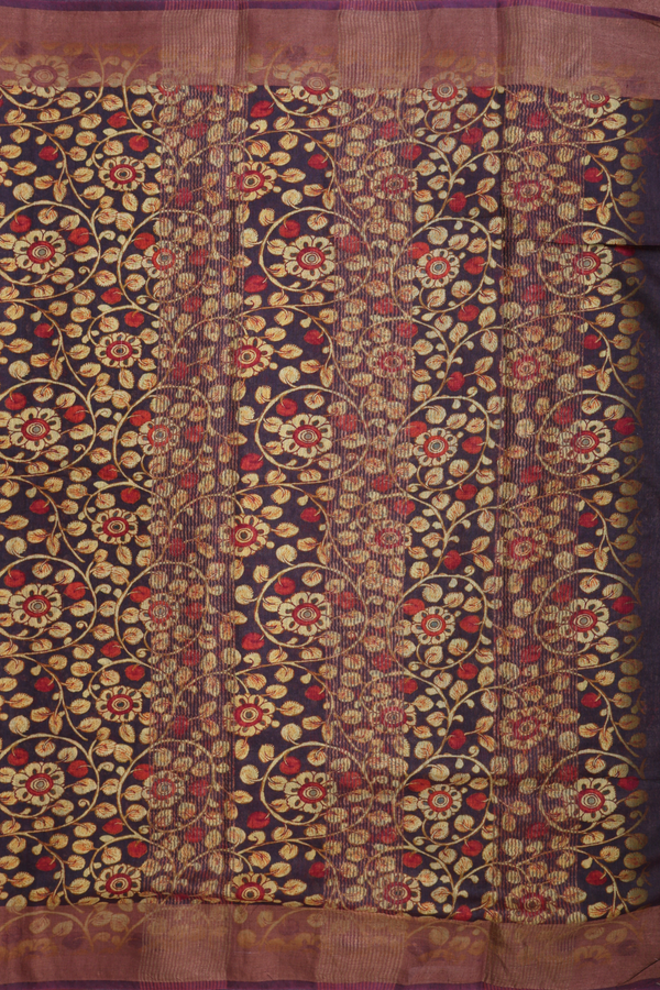 Tussar Silk Saree In Midnight Blue With Floral Print Design