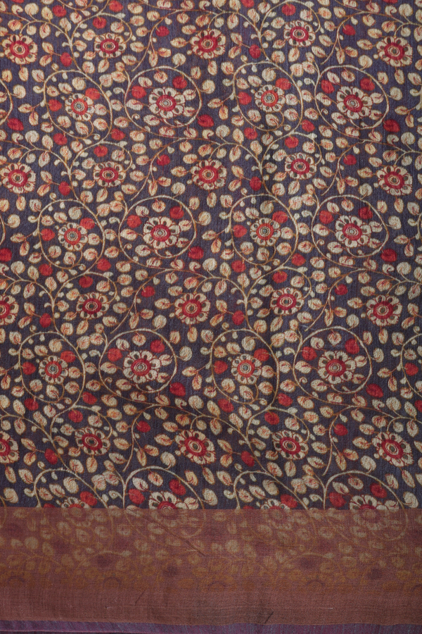 Tussar Silk Saree In Midnight Blue With Floral Print Design