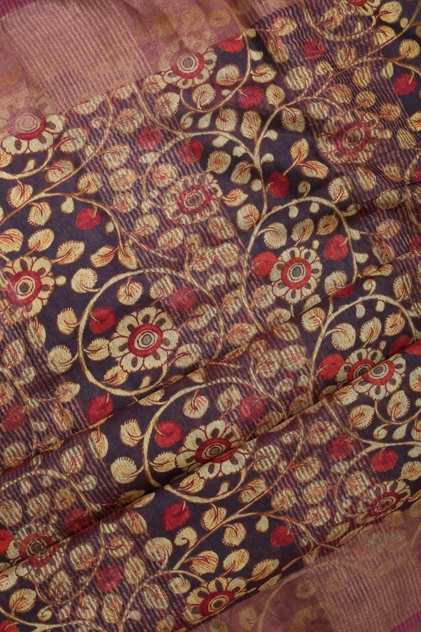 Tussar Silk Saree In Midnight Blue With Floral Print Design