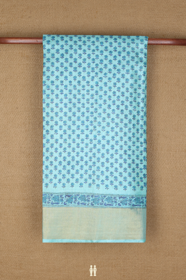 Tussar Silk Saree In Mint Blue With Floral Printed Design