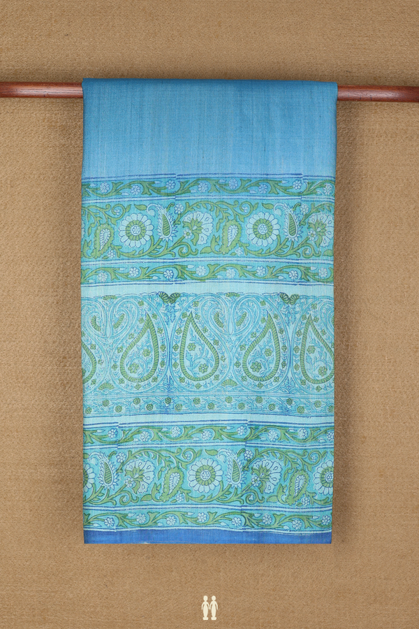 Tussar Silk Saree In Blue With Paisley Border