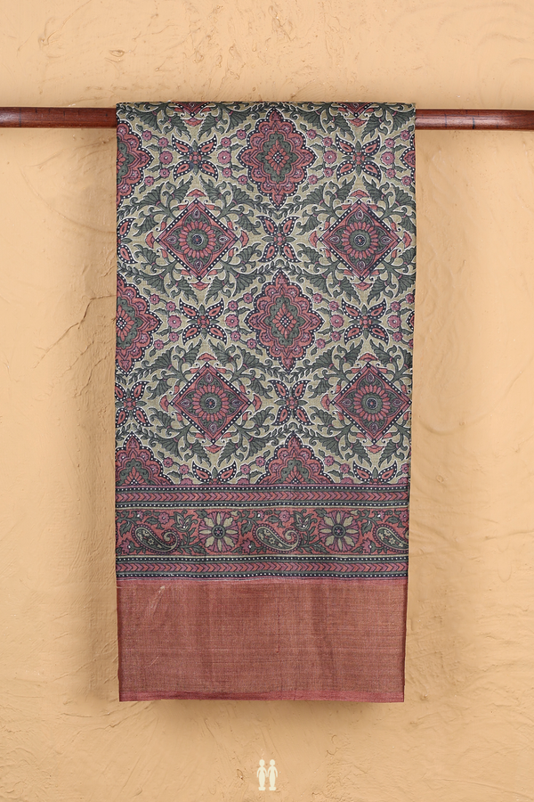 Tussar Silk Saree In Moss Green With Printed Design