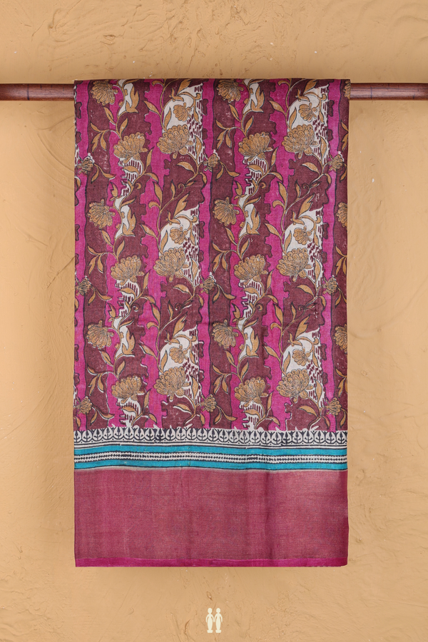 Tussar Silk Saree In Mulberry With Floral Printed Design