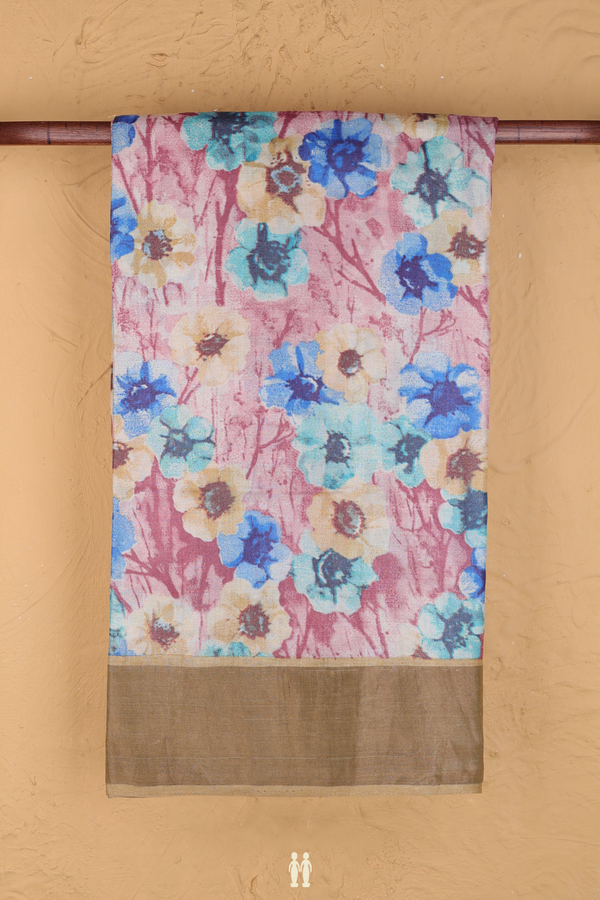 Tussar Silk Saree In Mulberry With Floral Printed Design