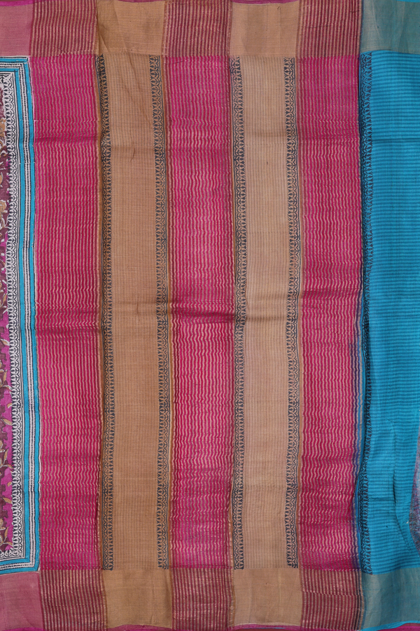 Tussar Silk Saree In Mulberry With Floral Printed Design